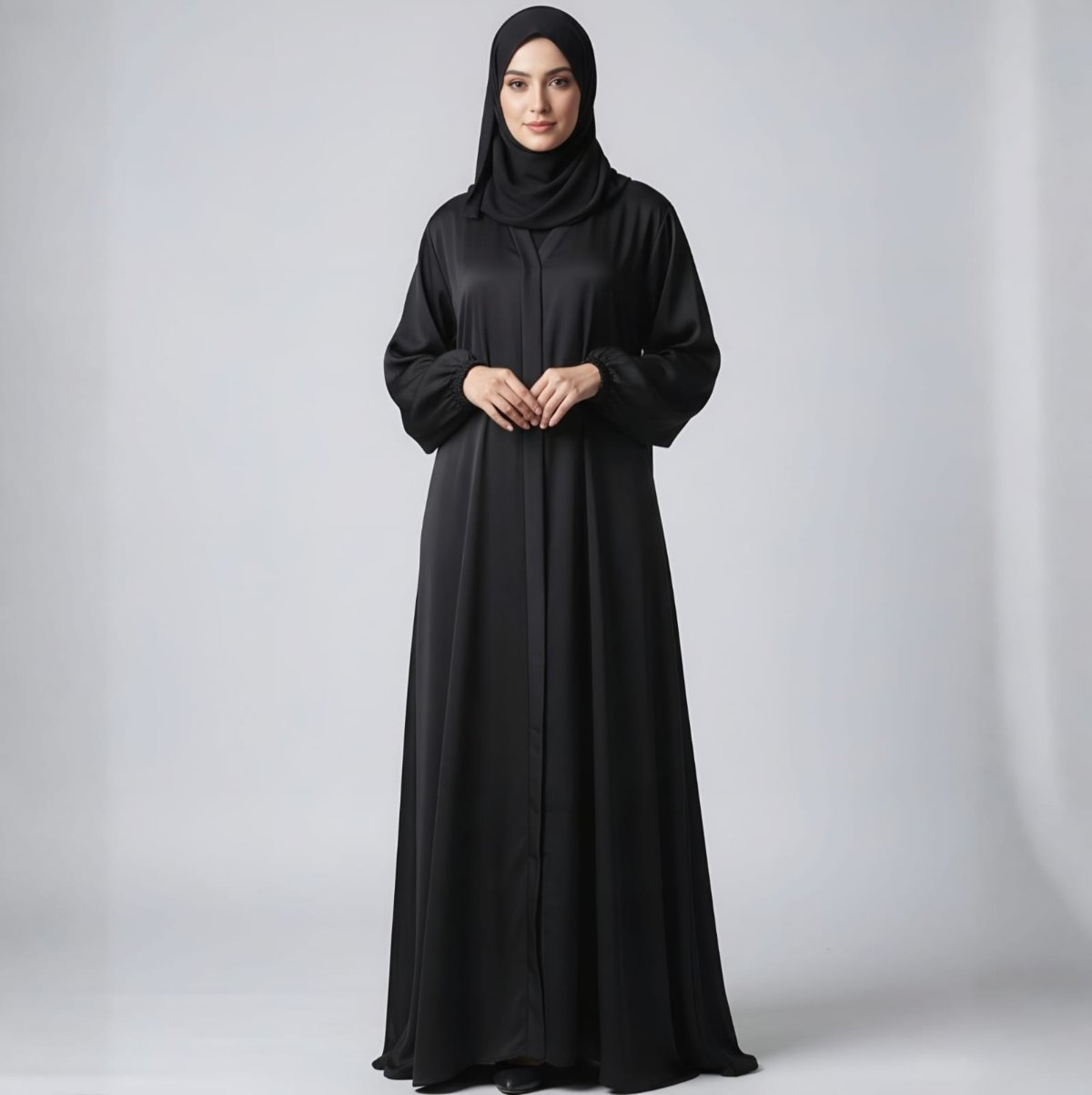 Minimalist Satin-Finish Nidha Full Open-Front Abaya