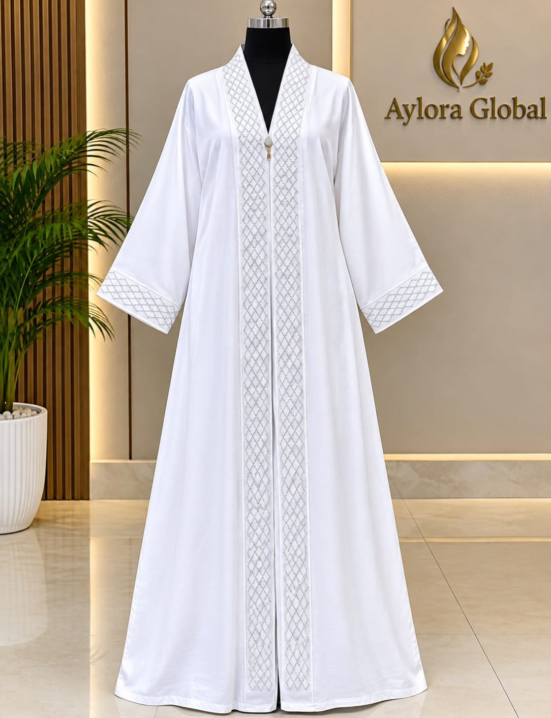 Ivory Lattice Embellished Open-Front Nidha Abaya
