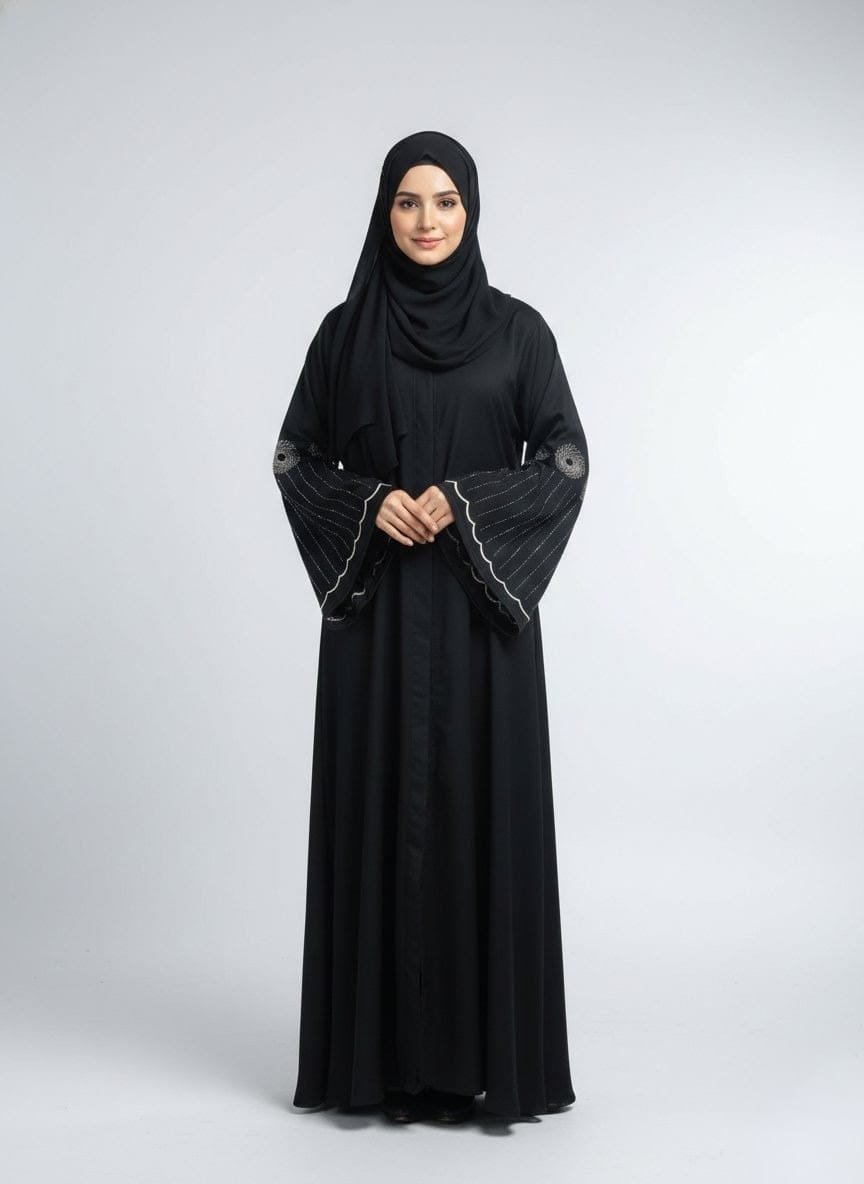Embroidered Scallop Bell-Sleeve Nidha Abaya